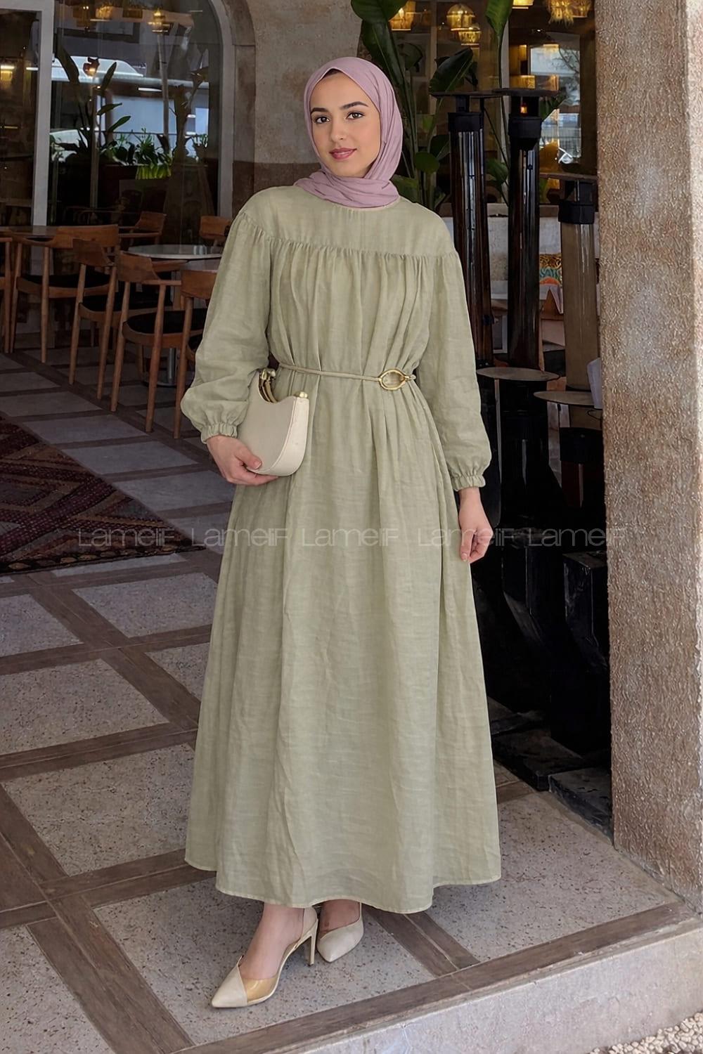 Lamelif Kemer Detaylı Tesettür Elbise Küf Yeşili