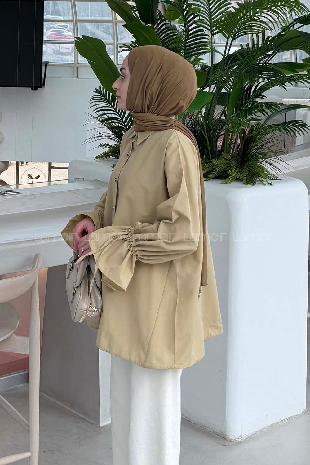 Lamelif Kol Tünel İp Detaylı Gömlek Bej