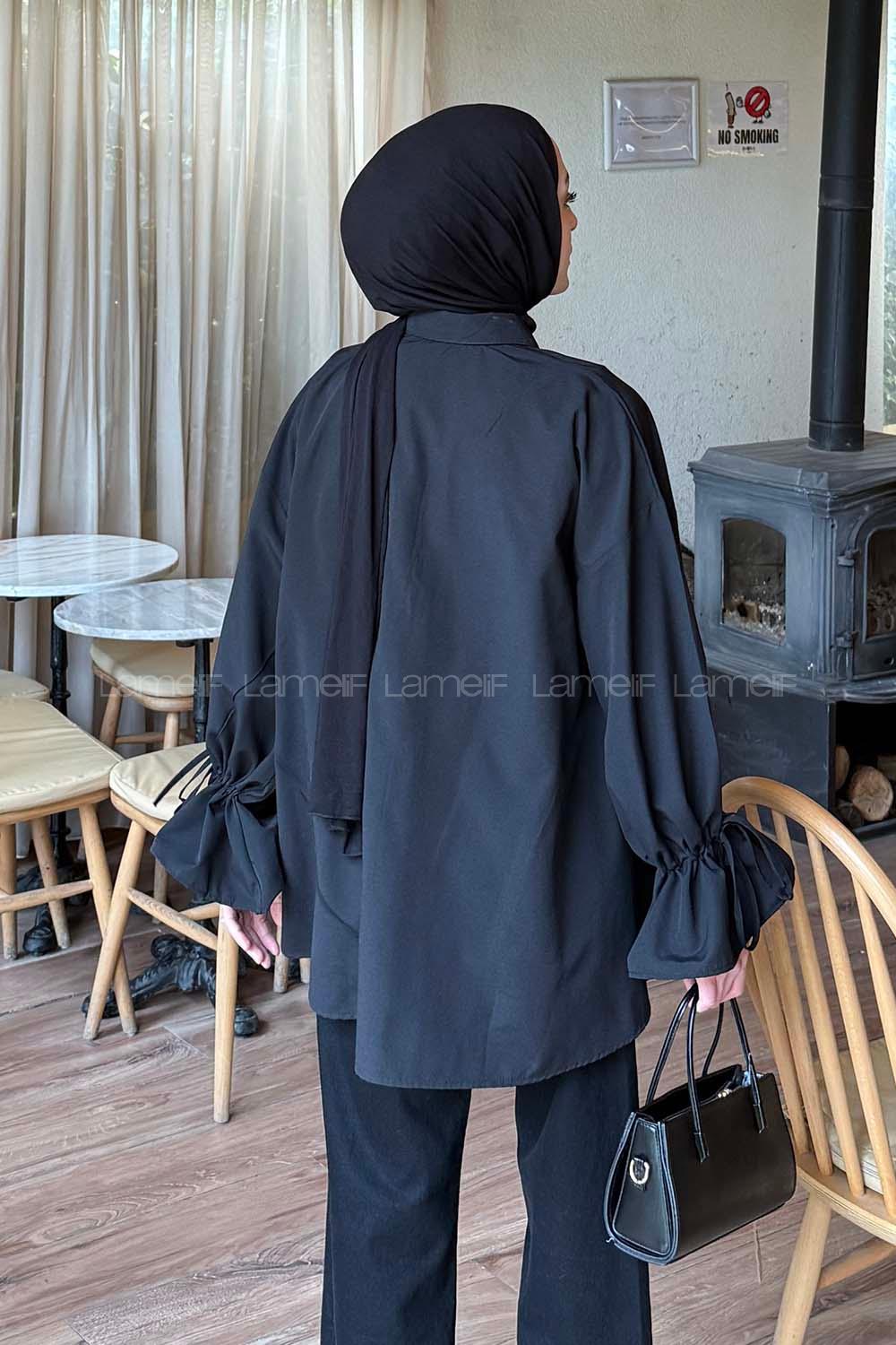 Lamelif Kol Tünel İp Detaylı Gömlek Siyah