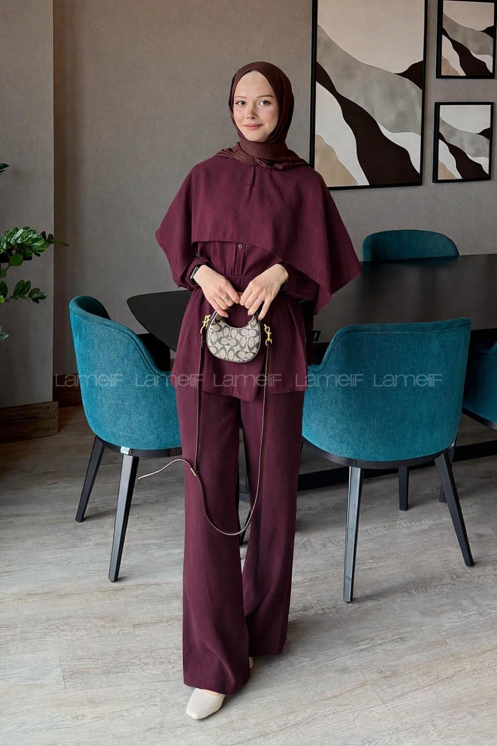 Lamelif Modal Pelerinli Takım Mürdüm