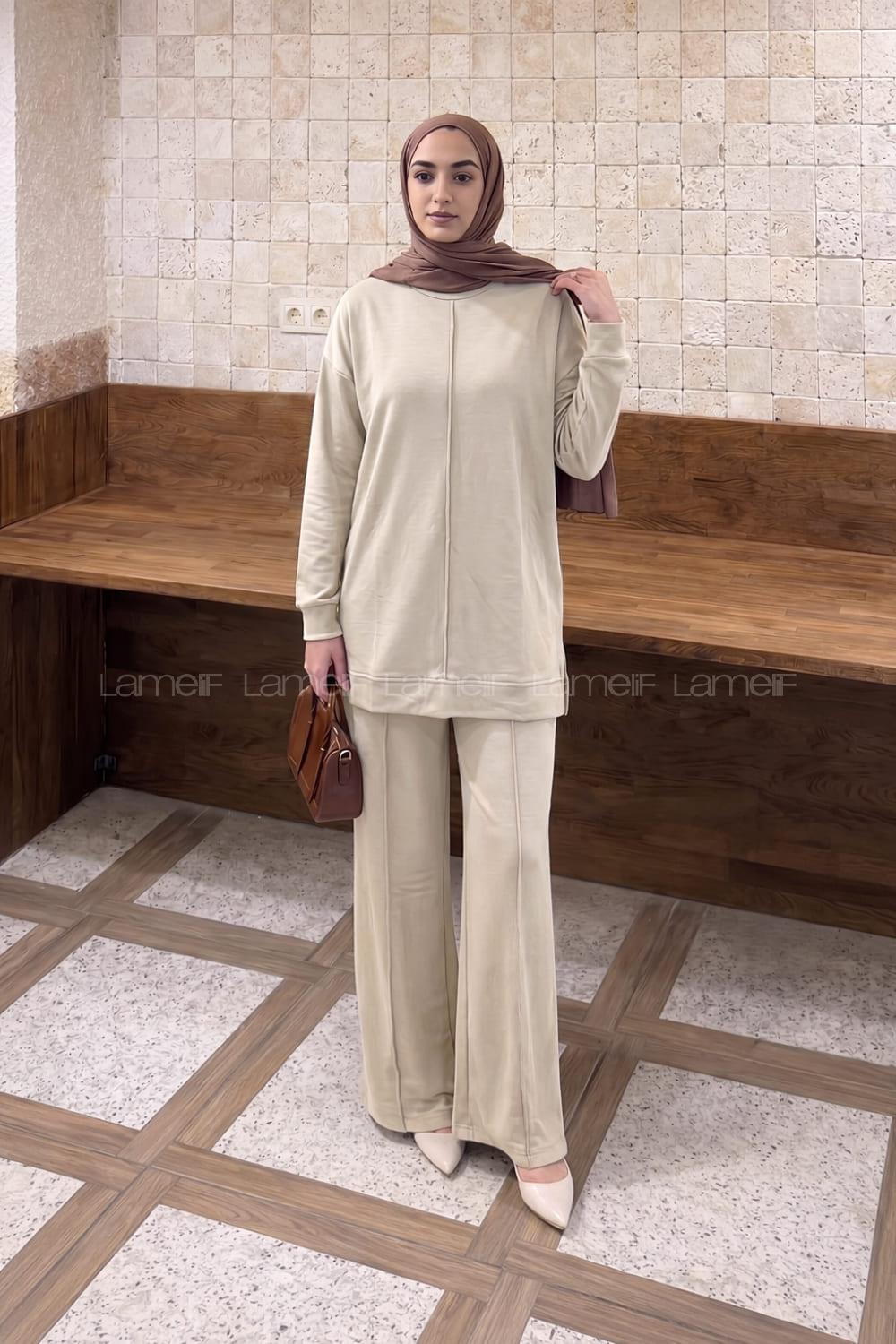 Lamelif Önü Dikişli Takım Bej