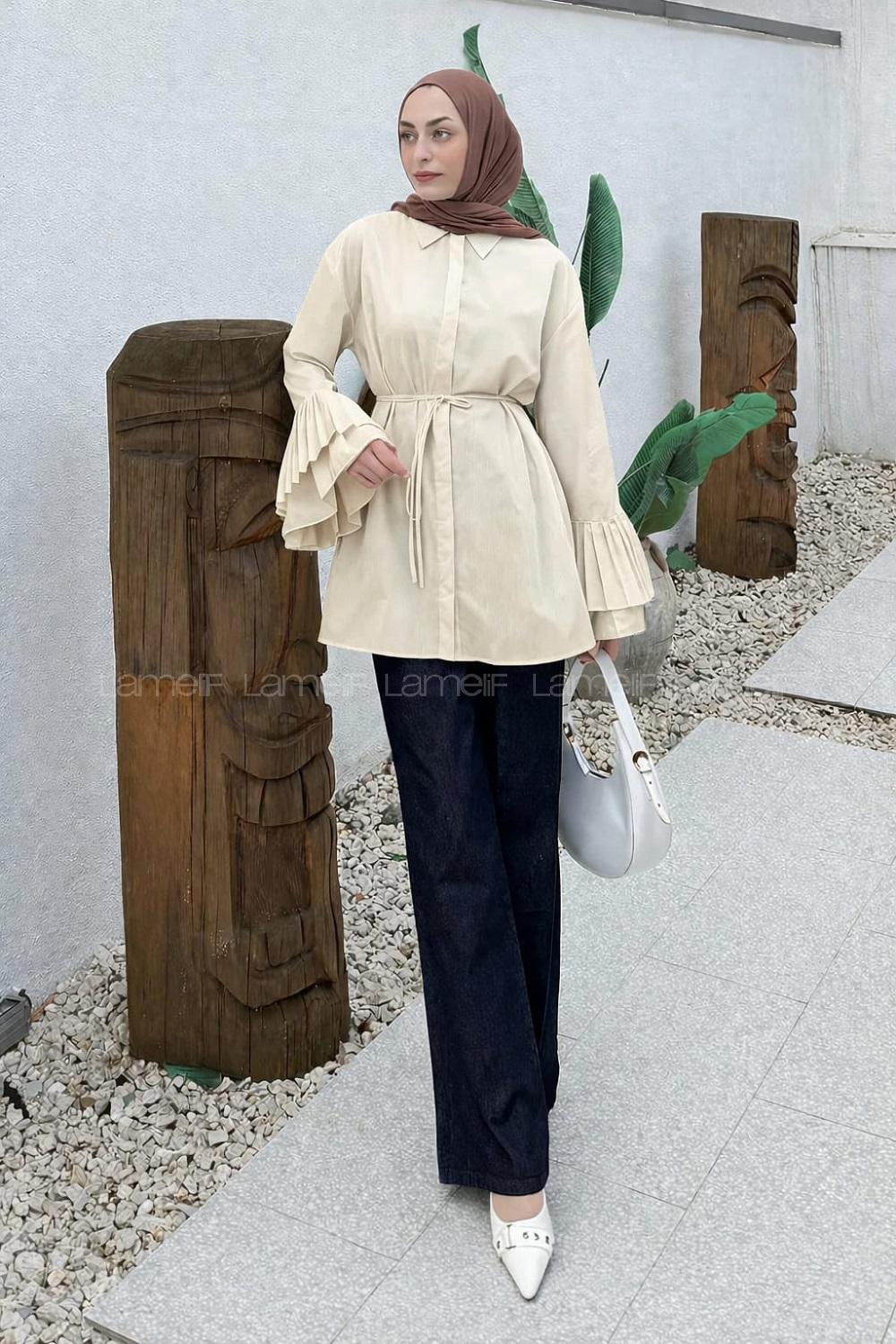 lamelif Piliseli Uzun Gömlek Taş Rengi