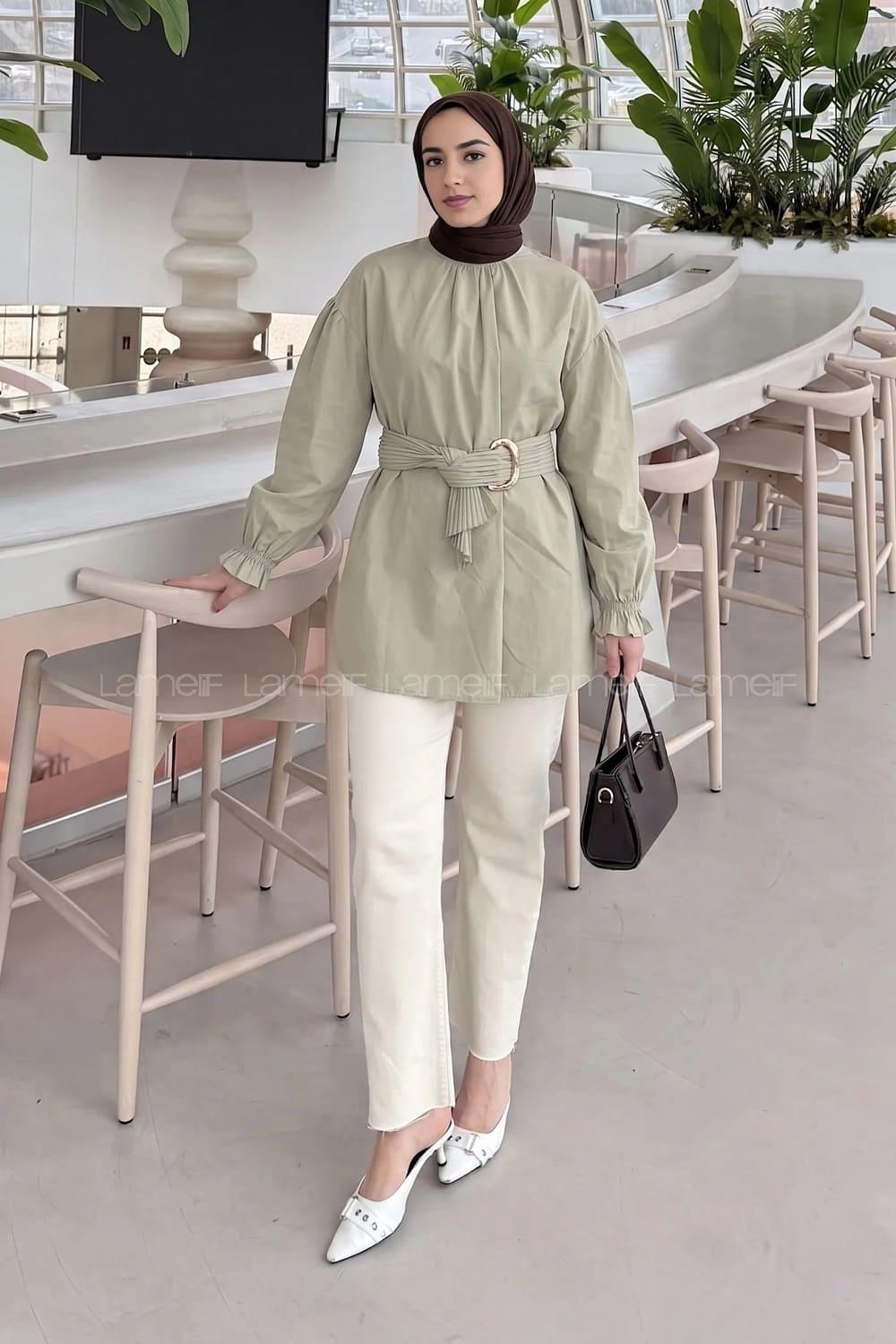 Lamelif Plise Kemerli Tunik Küf Yeşili