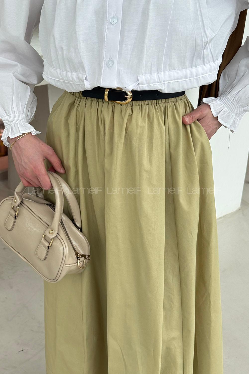 Lamelif Poplin Kumaş Tesettür Etek Çağla Yeşili