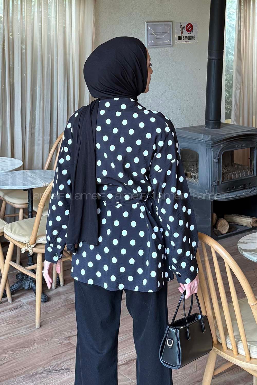 Lamelif Puantiyeli Bağlama Detaylı Gömlek Siyah