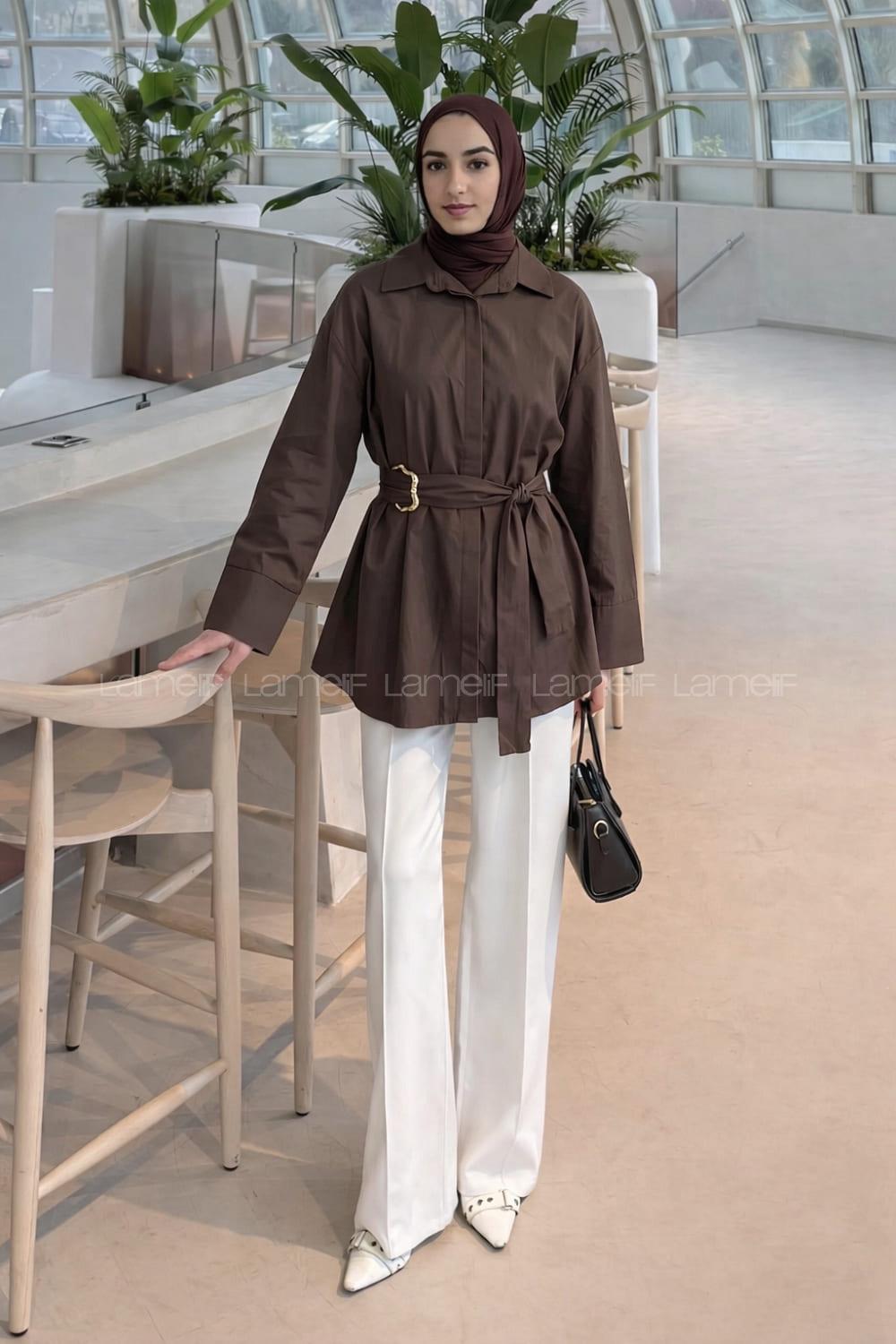 Lamelif Toka Detaylı Uzun Kuşaklı Gömlek Koyu Kahverengi