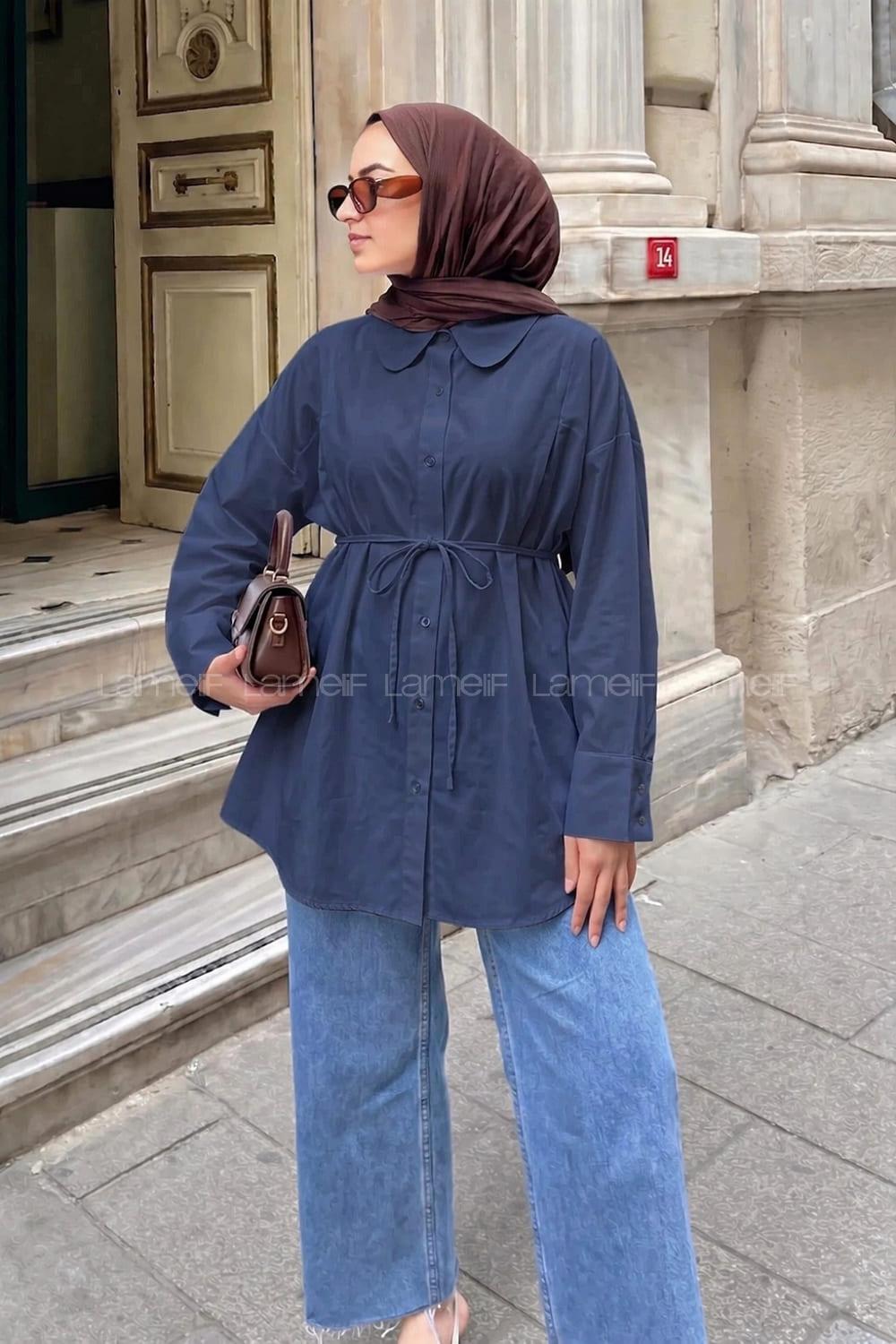 Navy Blue Peter Pan Collar Long Arm Cotton Fabric Polyester Shirt