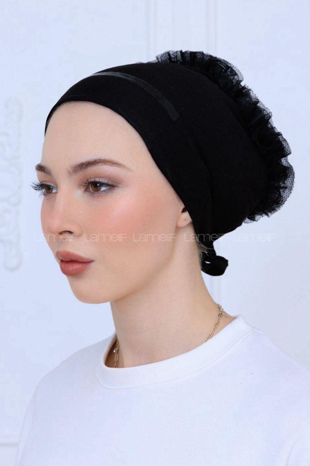 Lamelif Çift Likralı Silikonlu Fırfırlı Bone Siyah