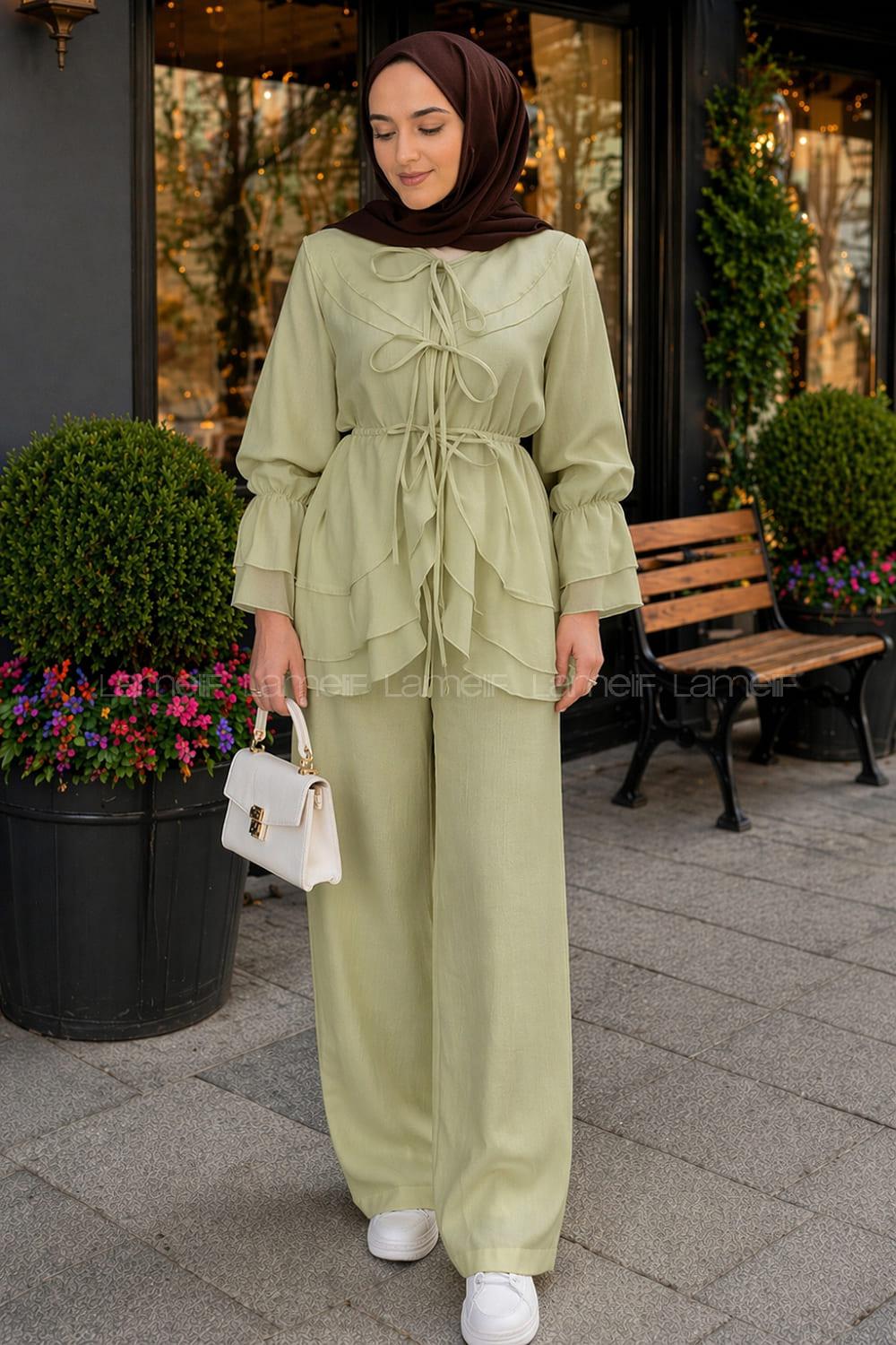 Lamelif Geniş Volan Yakalı Bağlama Detaylı Pantolonlu Takım Çağla Yeşili