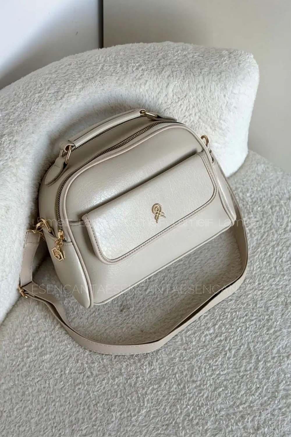 Lamelif Kapak Detaylı Kadın Çapraz Çanta Krem