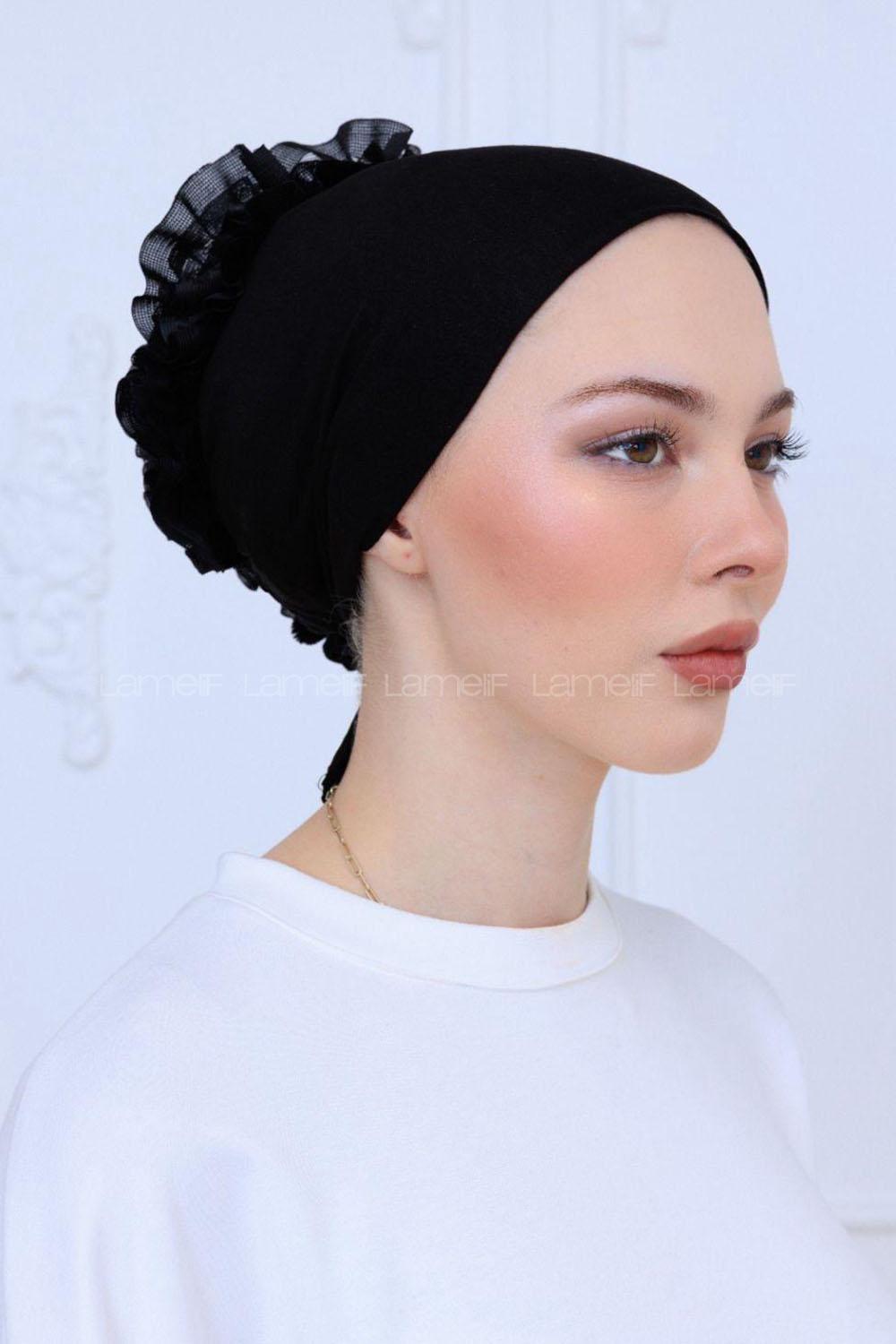 Lamelif Likralı Silikonlu Fırfırlı Bone Siyah