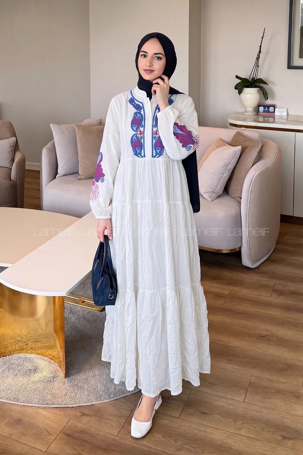 White Mandarin Collar Viscose Fabric Dresess