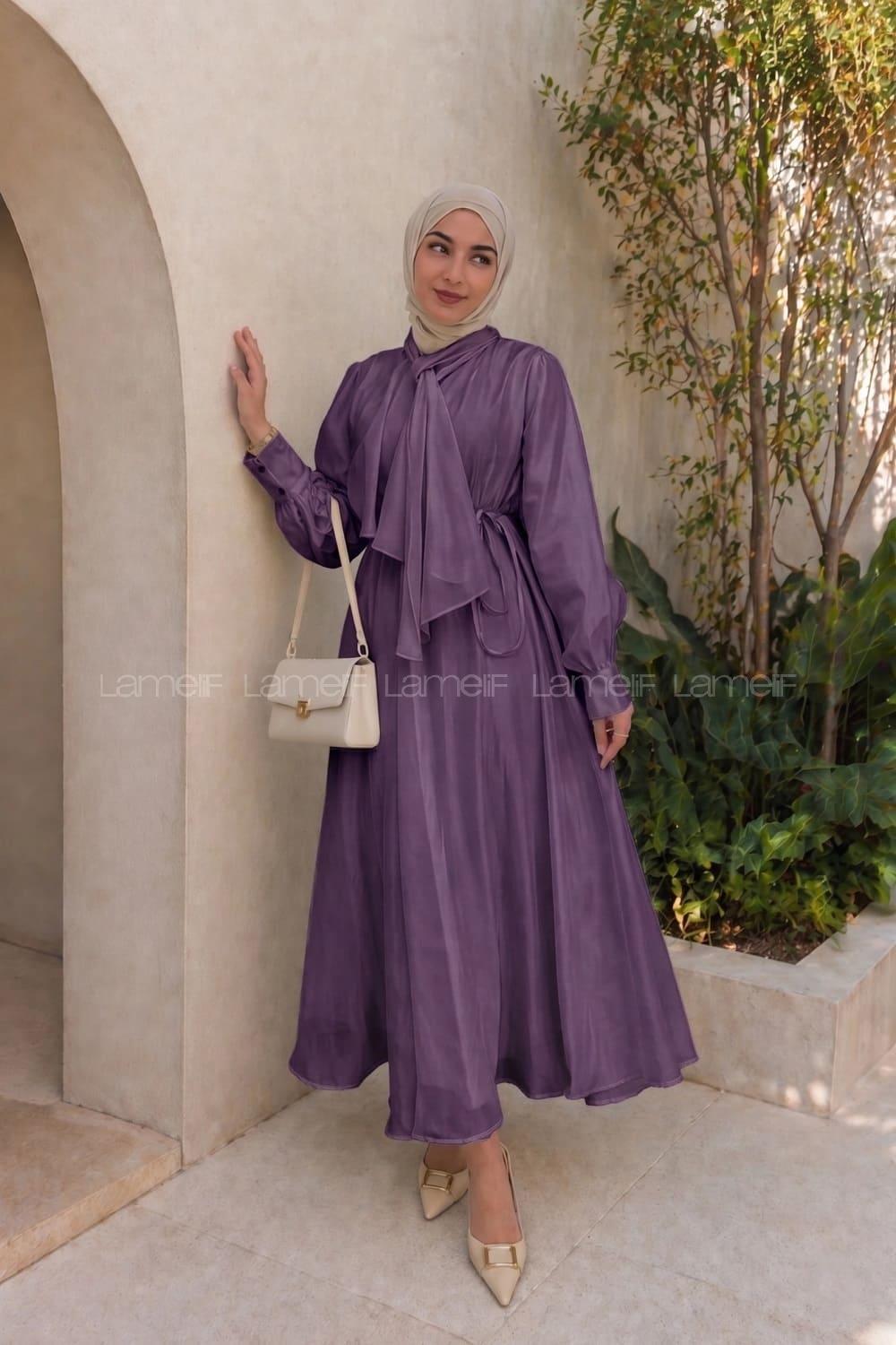 Lamelif Bağlama Detaylı Fularlı Tensel Elbise Mürdüm