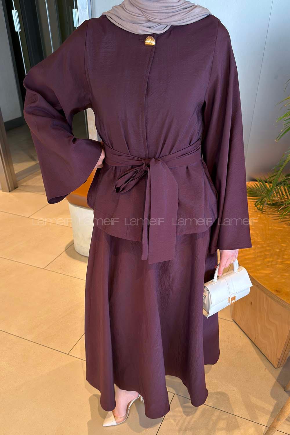 Lamelif Bağcıklı Etek-Bluz İkili Takım Mürdüm