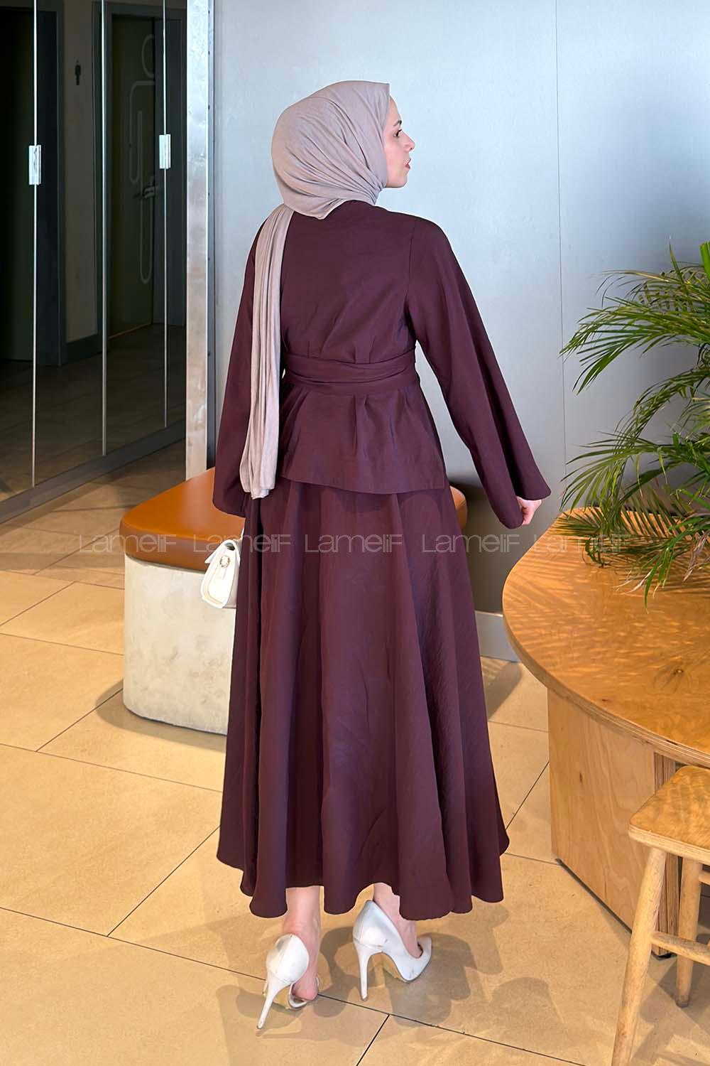 Lamelif Bağcıklı Etek-Bluz İkili Takım Mürdüm