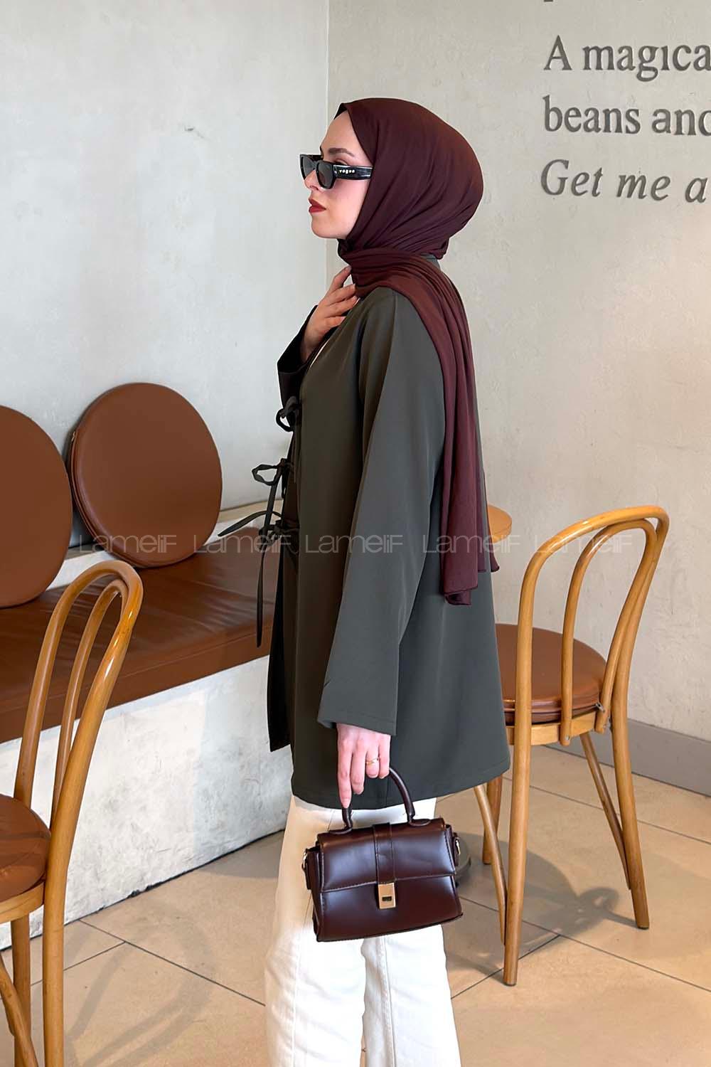 Lamelif Bağlama Detaylı Kimono Tunik Koyu Yeşil