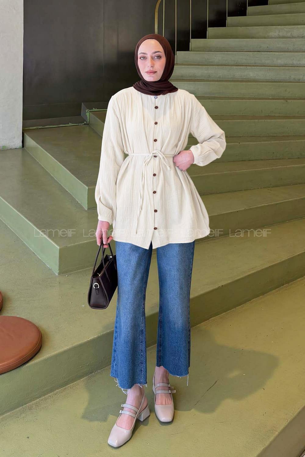 Lamelif Brit Düğmeli Müslin Gömlek Ekru