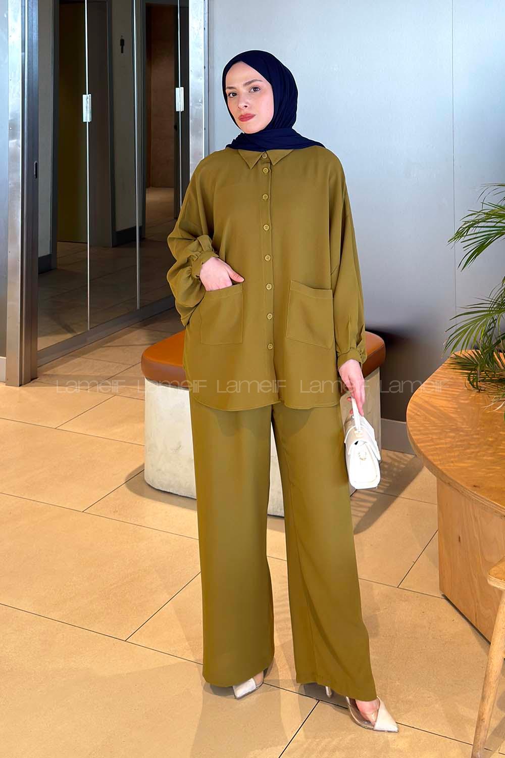 Oil Green Shirt Collar Long Arm Cotton Fabric Regular Trousers Comfortable Suit