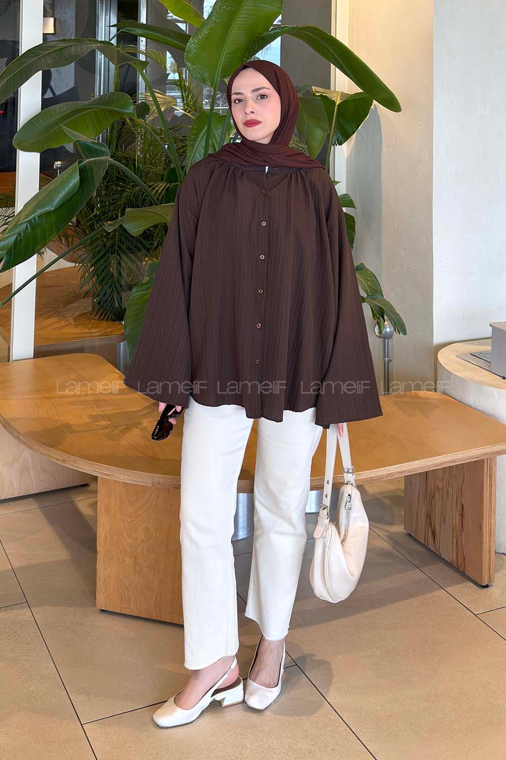 Lamelif Çizgi Detaylı Oversize Tesettür Gömlek Acı Kahve