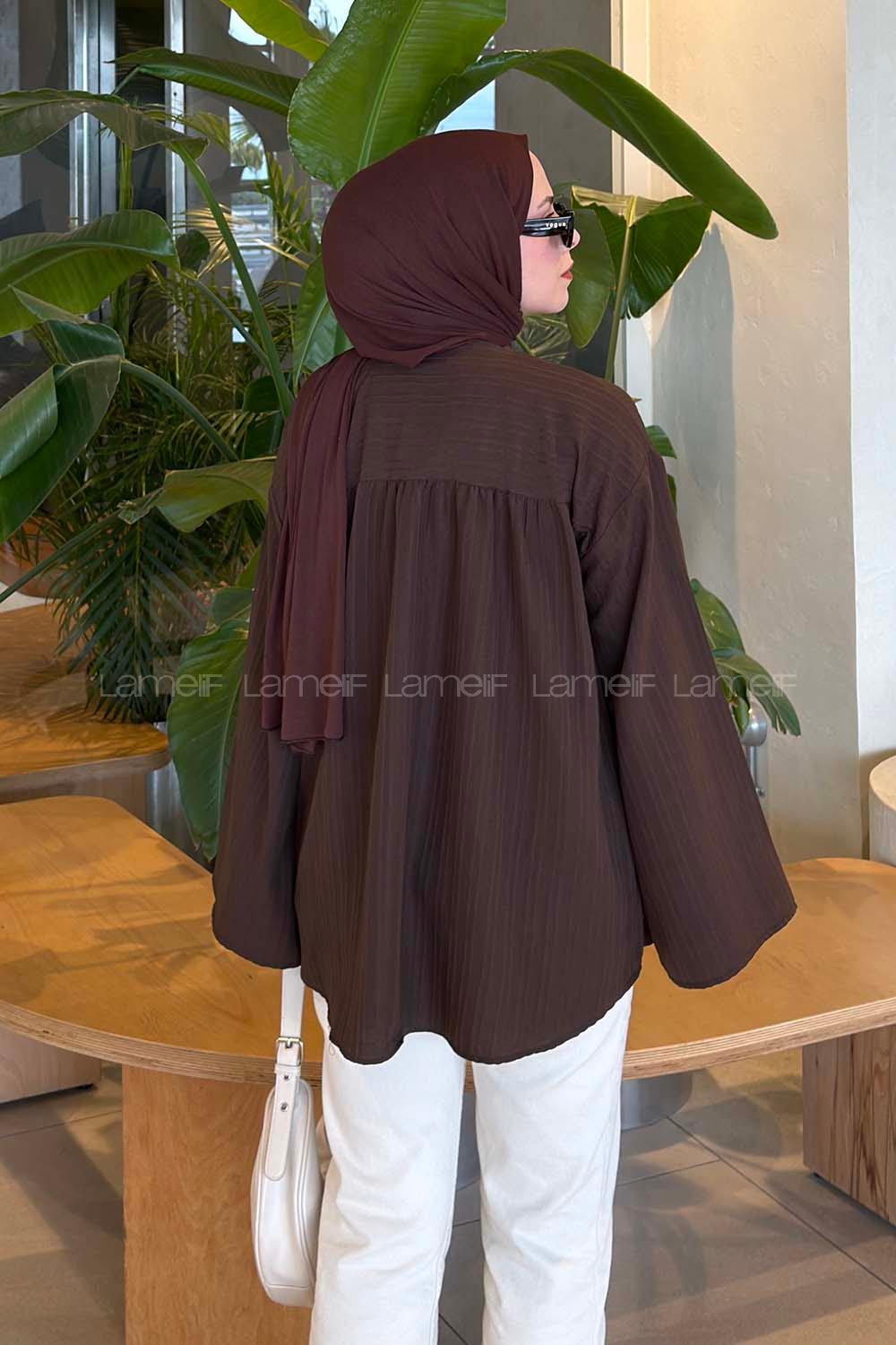 Lamelif Çizgi Detaylı Oversize Tesettür Gömlek Acı Kahve