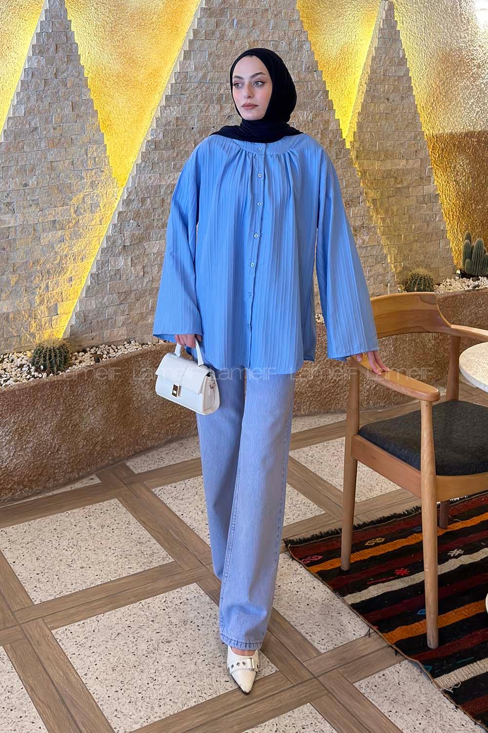 Lamelif Çizgi Detaylı Oversize Tesettür Gömlek Bebe Mavisi