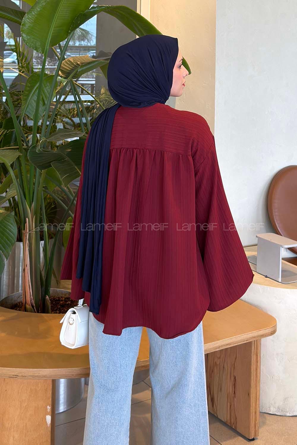 Lamelif Çizgi Detaylı Oversize Tesettür Gömlek Bordo