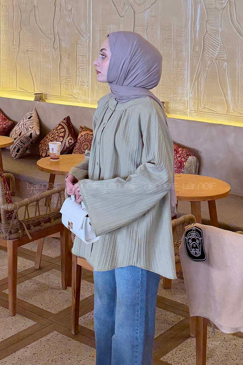 Lamelif Çizgi Detaylı Oversize Tesettür Gömlek Çağla Yeşili