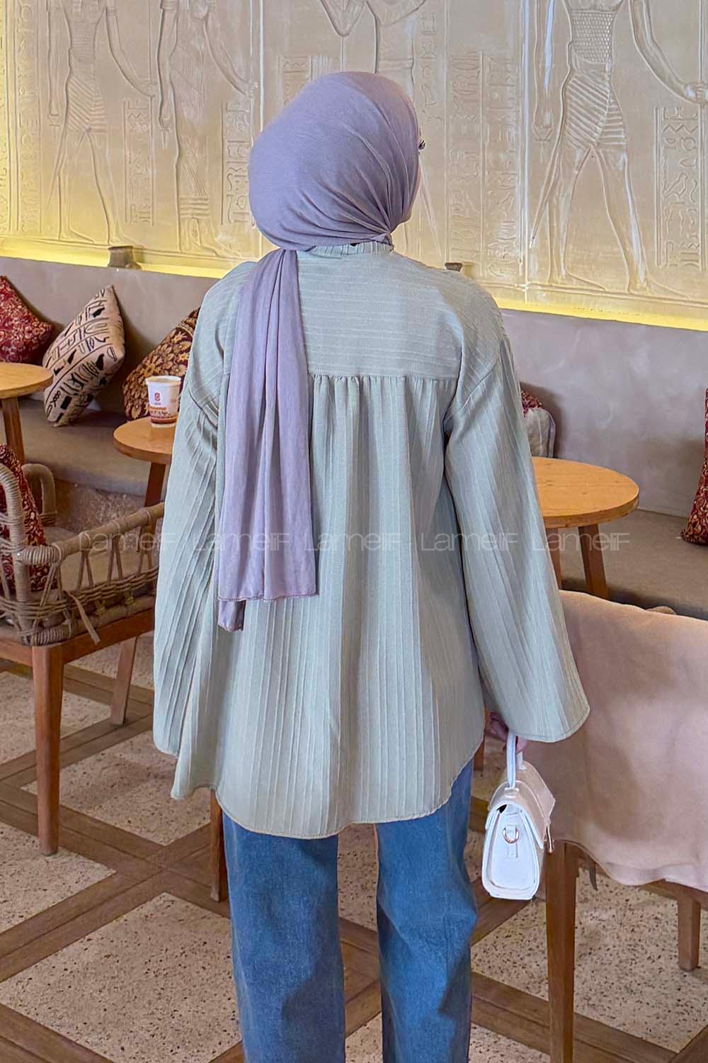 Lamelif Çizgi Detaylı Oversize Tesettür Gömlek Çağla Yeşili