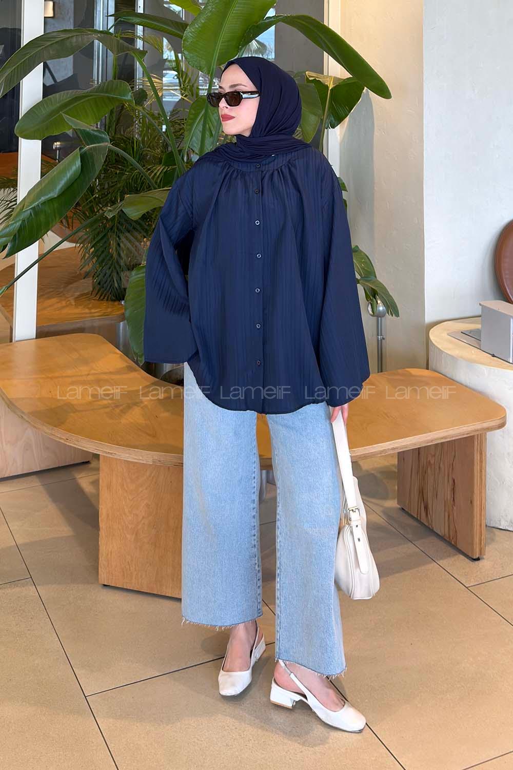 Lamelif Çizgi Detaylı Oversize Tesettür Gömlek Lacivert