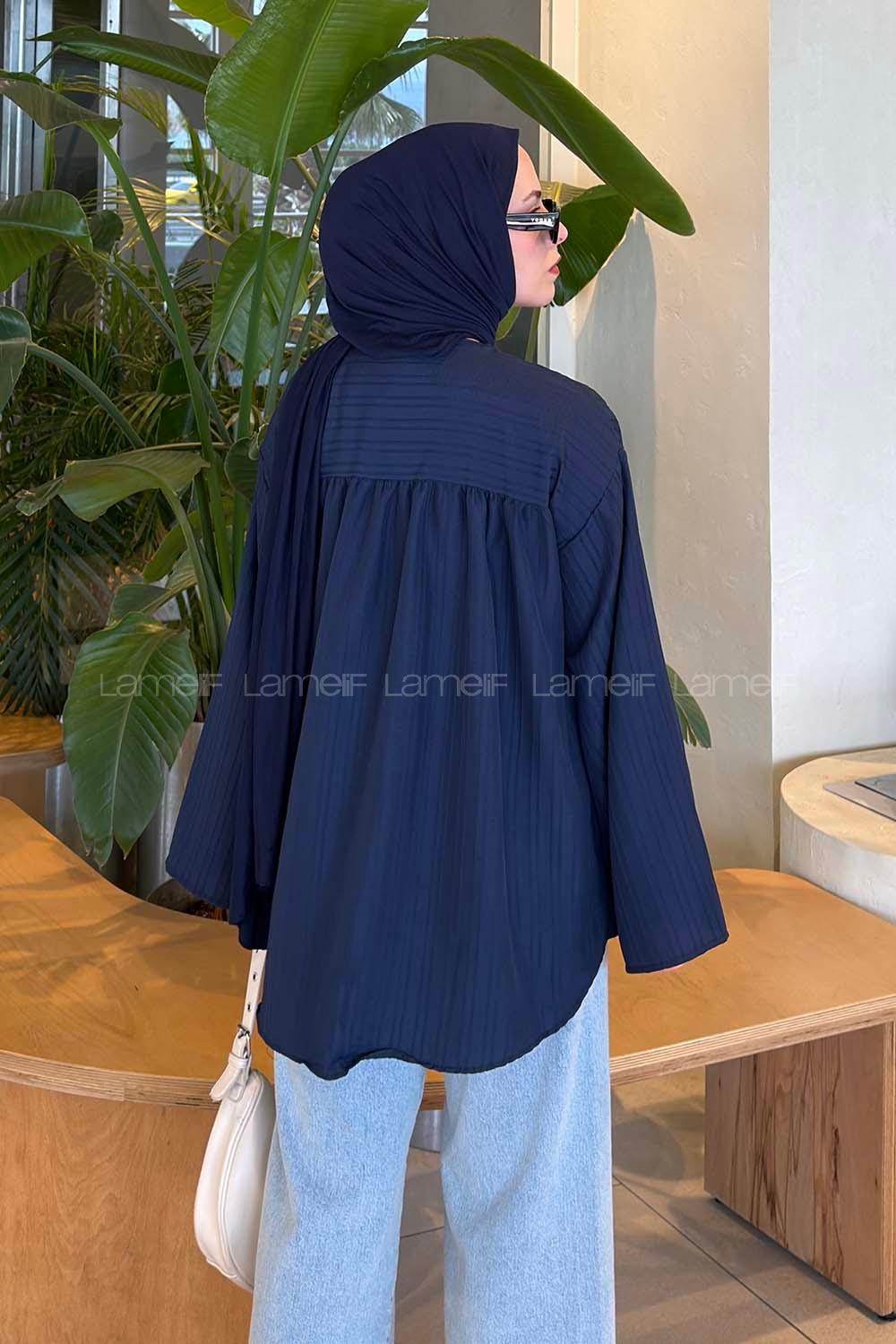 Lamelif Çizgi Detaylı Oversize Tesettür Gömlek Lacivert