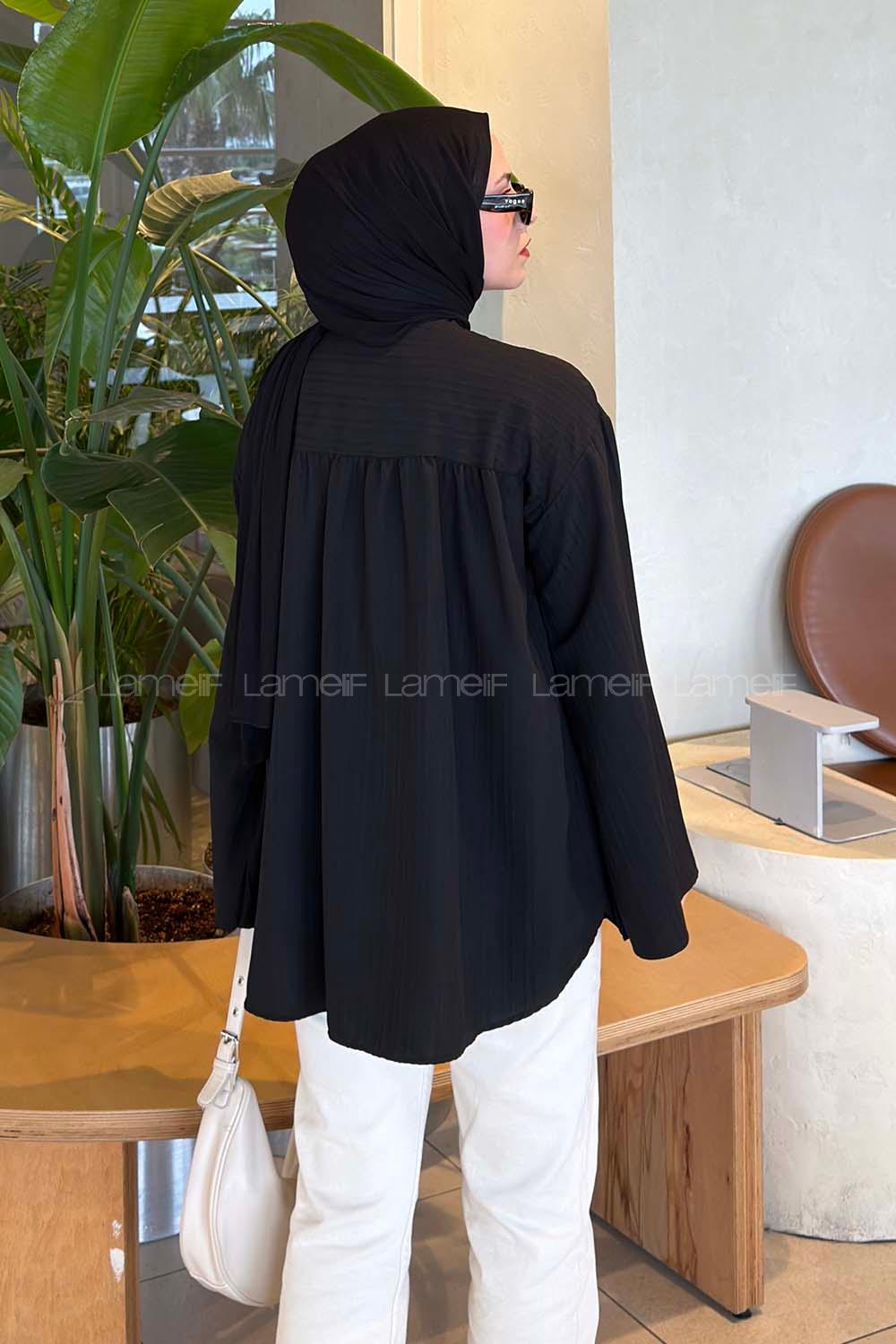 Lamelif Çizgi Detaylı Oversize Tesettür Gömlek Siyah