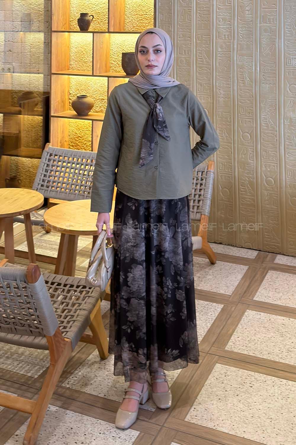 Lamelif Desenli Fular Detaylı Etekli Takım Haki