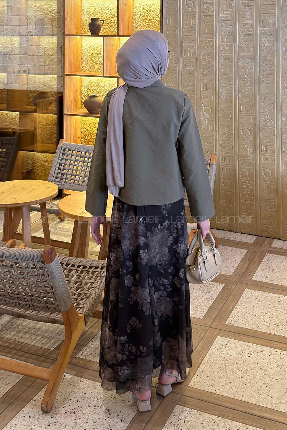 Lamelif Desenli Fular Detaylı Etekli Takım Haki