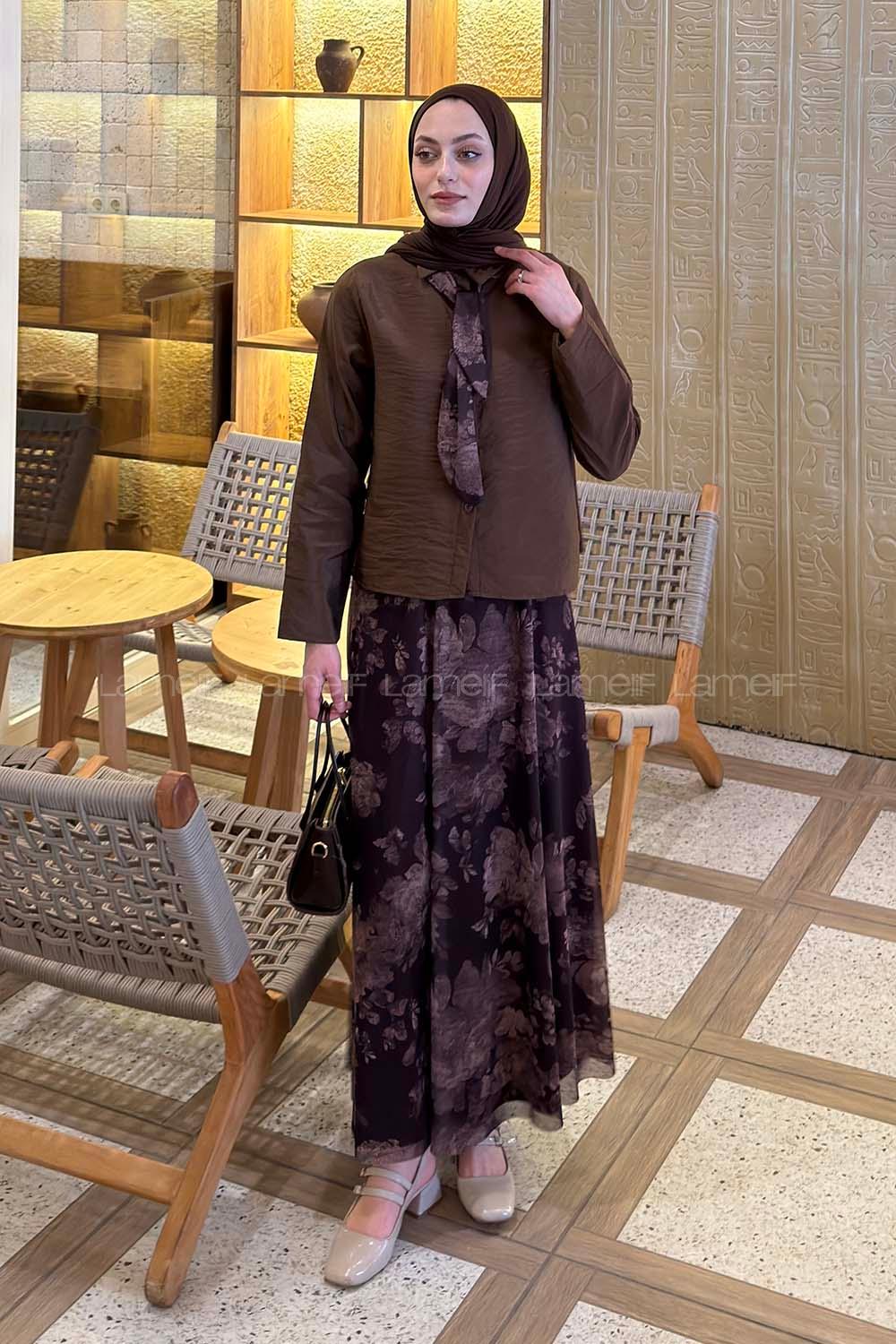 Lamelif Desenli Fular Detaylı Etekli Takım Kahverengi