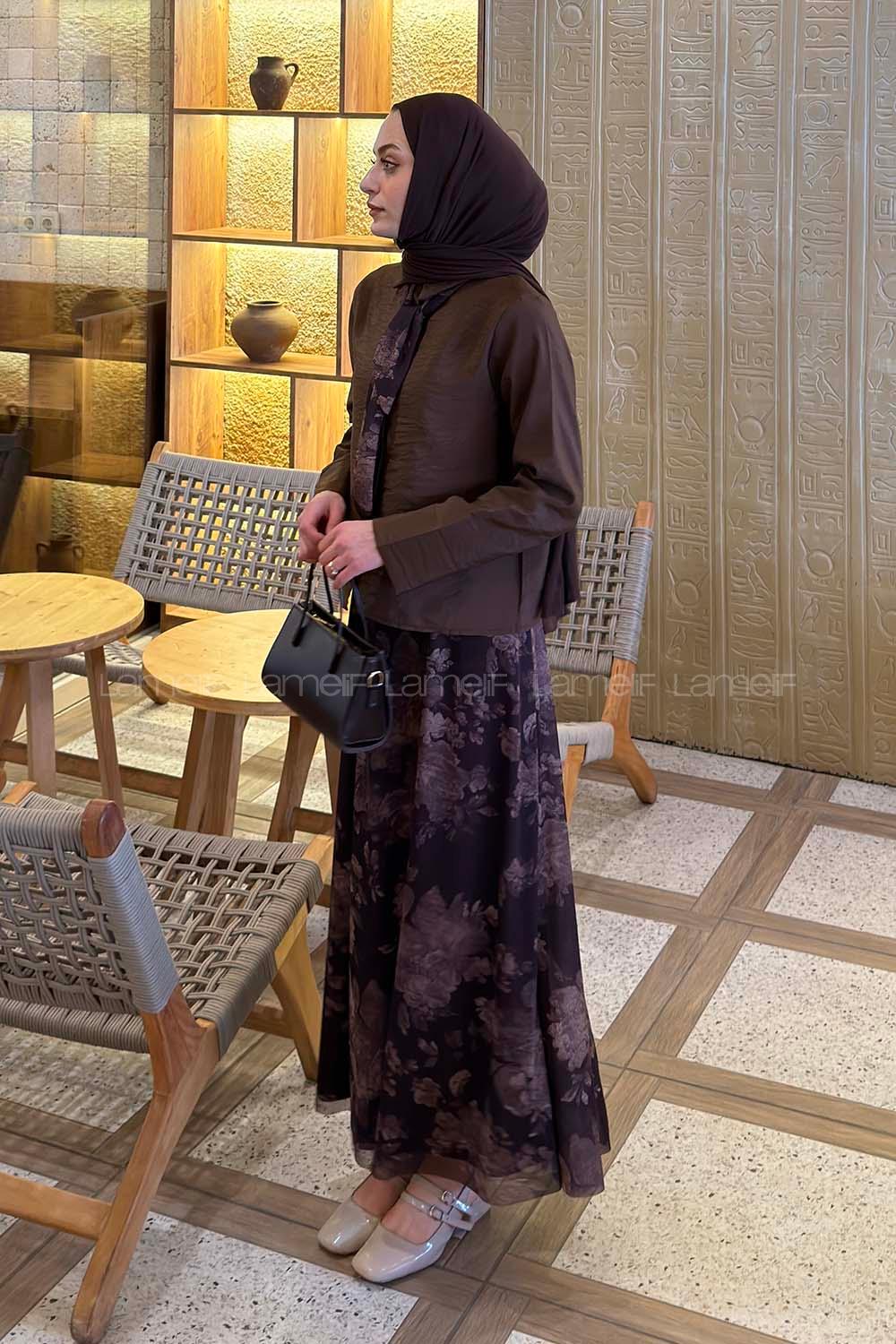 Lamelif Desenli Fular Detaylı Etekli Takım Kahverengi