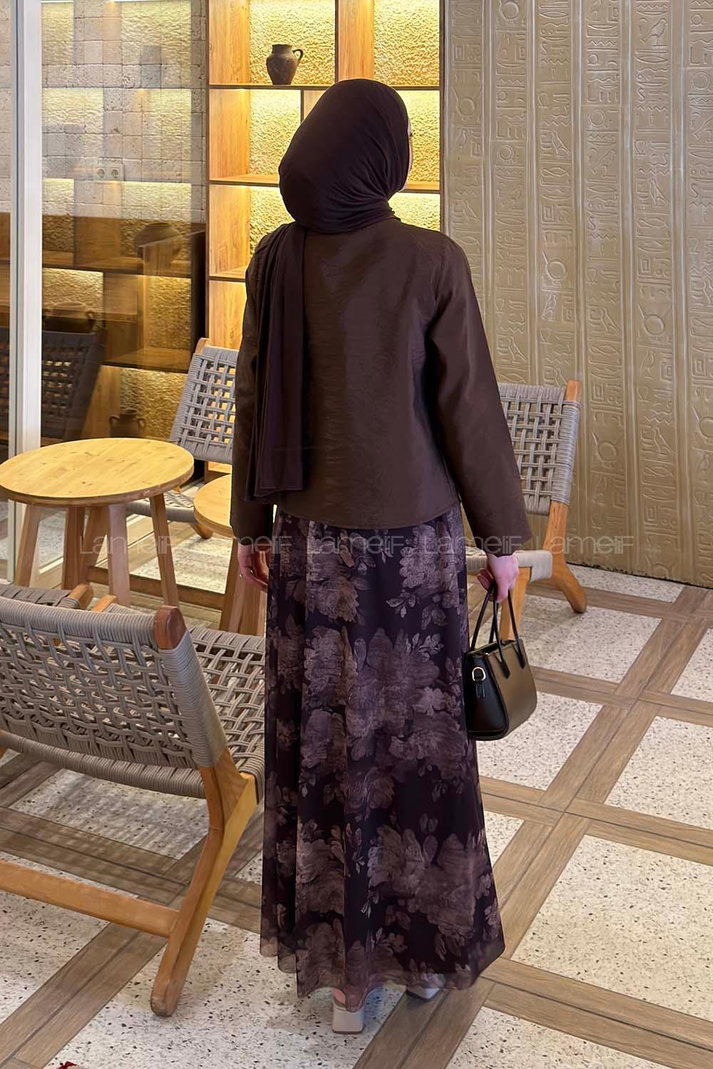 Lamelif Desenli Fular Detaylı Etekli Takım Kahverengi