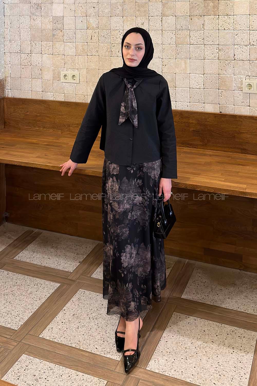 Lamelif Desenli Fular Detaylı Etekli Takım Siyah