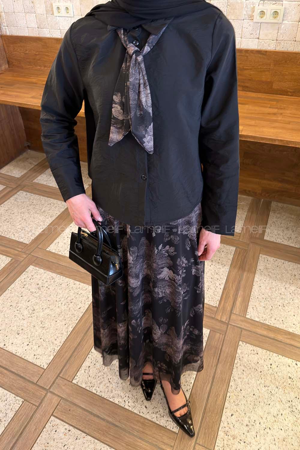 Lamelif Desenli Fular Detaylı Etekli Takım Siyah