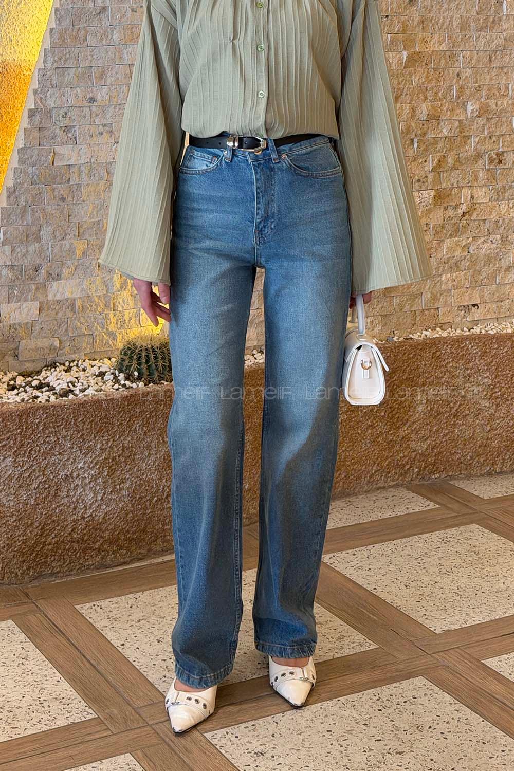 Lamelif Eskitmeli Düz Kesim Jean Mavi Yeşil Tintli