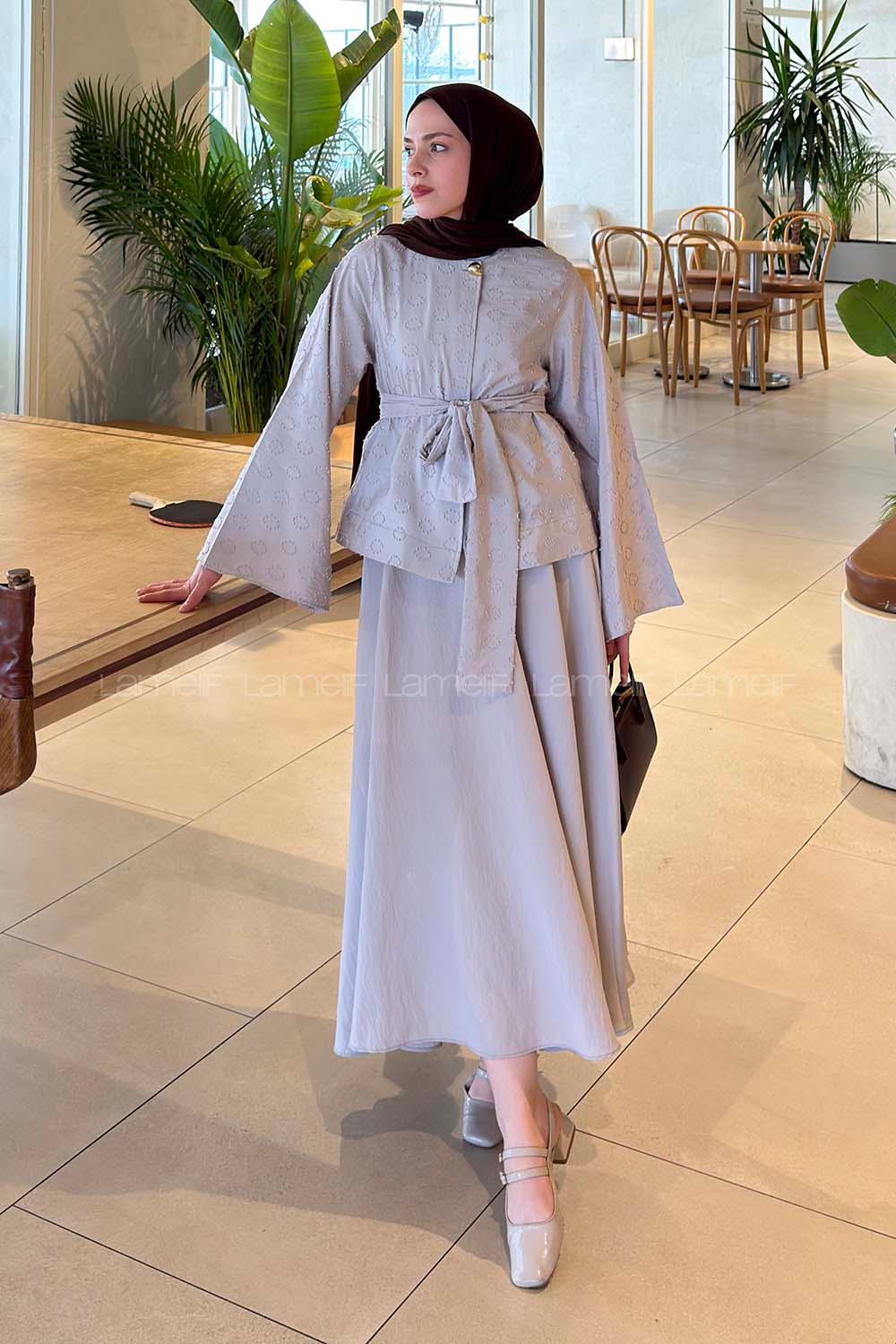 Stone Crew Neck Long Arm Buttoned Polyester Flared Skirt Suit