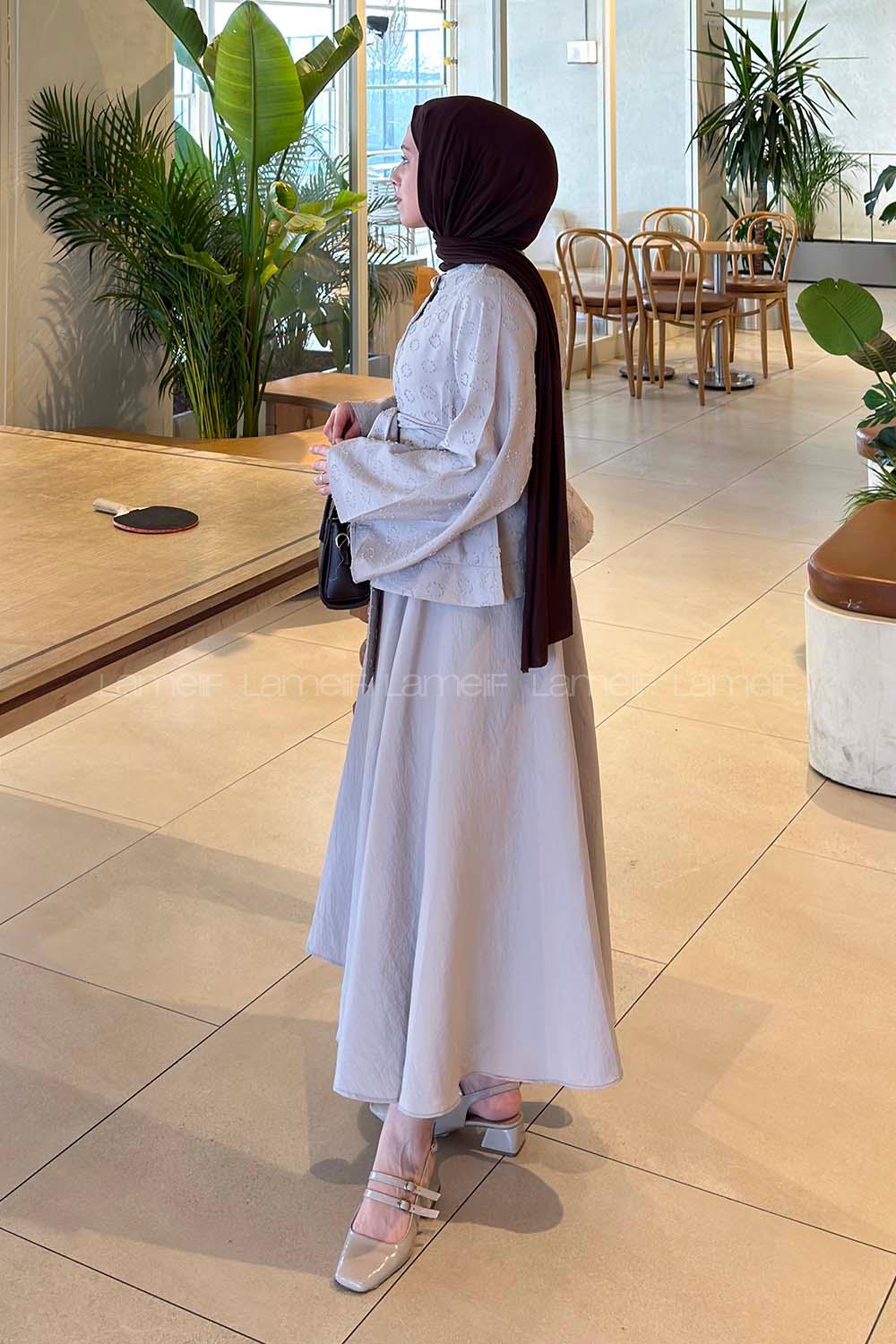 Stone Crew Neck Long Arm Buttoned Polyester Flared Skirt Suit