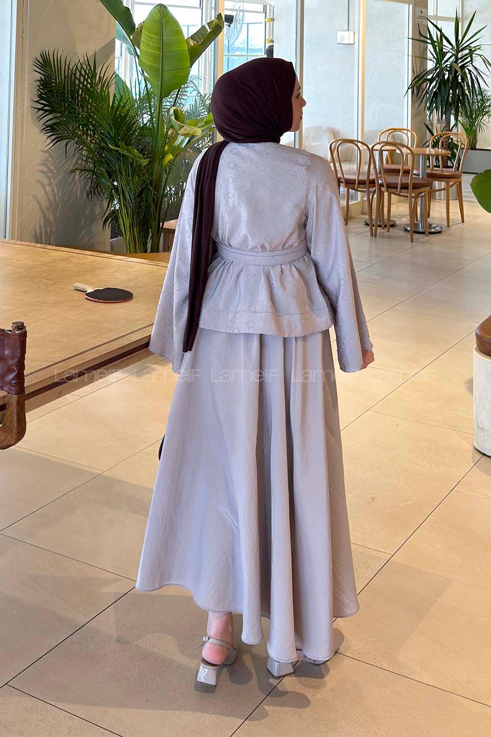 Stone Crew Neck Long Arm Buttoned Polyester Flared Skirt Suit