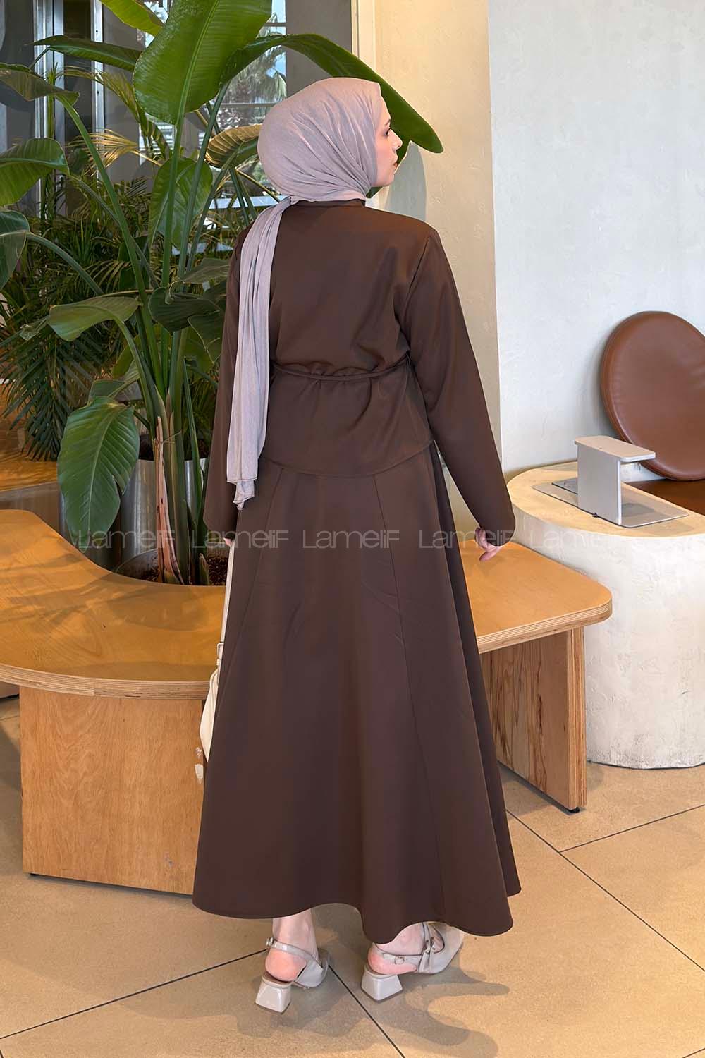 Lamelif Gold Düğme Detaylı Etekli Takım Acı Kahve