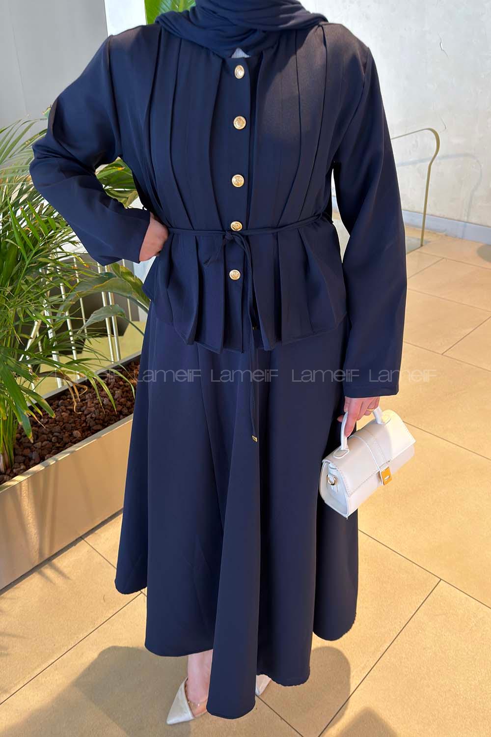 Lamelif Gold Düğme Detaylı Etekli Takım Lacivert