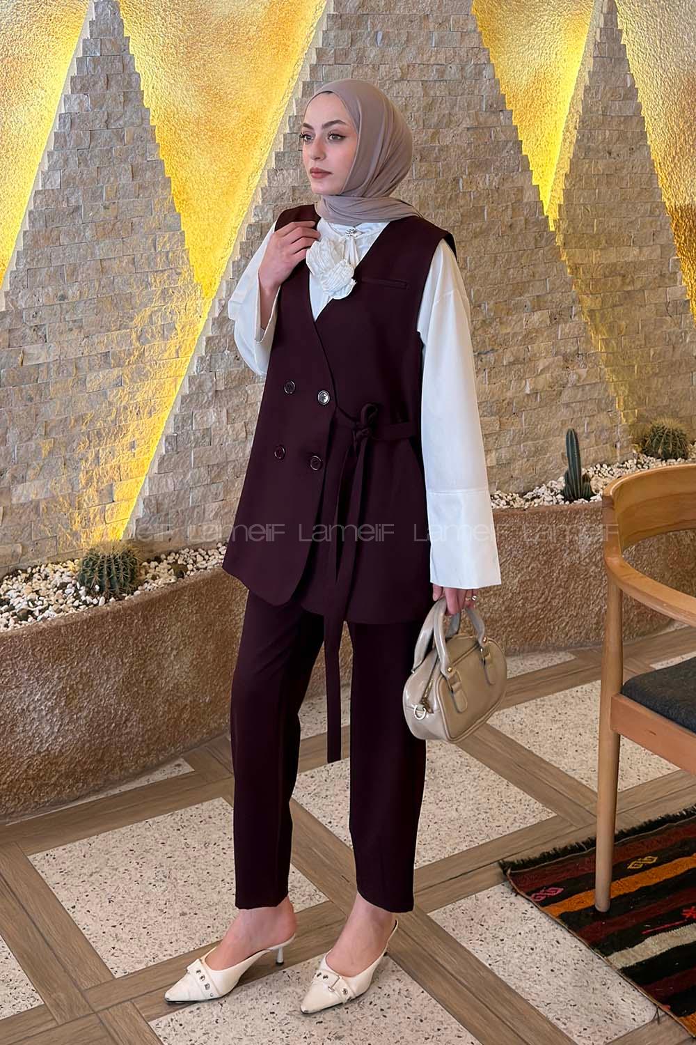 Lamelif Kruvaze Düğme Detaylı Yelek-Pantolon Takım Mürdüm