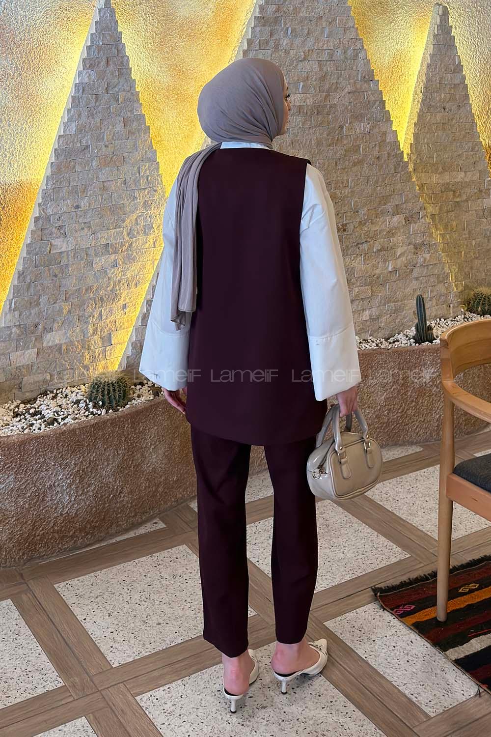 Lamelif Kruvaze Düğme Detaylı Yelek-Pantolon Takım Mürdüm