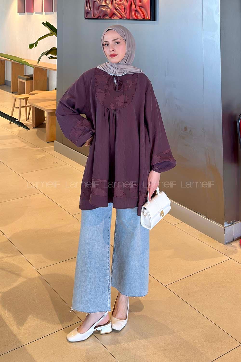 Lamelif Nakış İşlemeli Bağcıklı Tunik Mürdüm