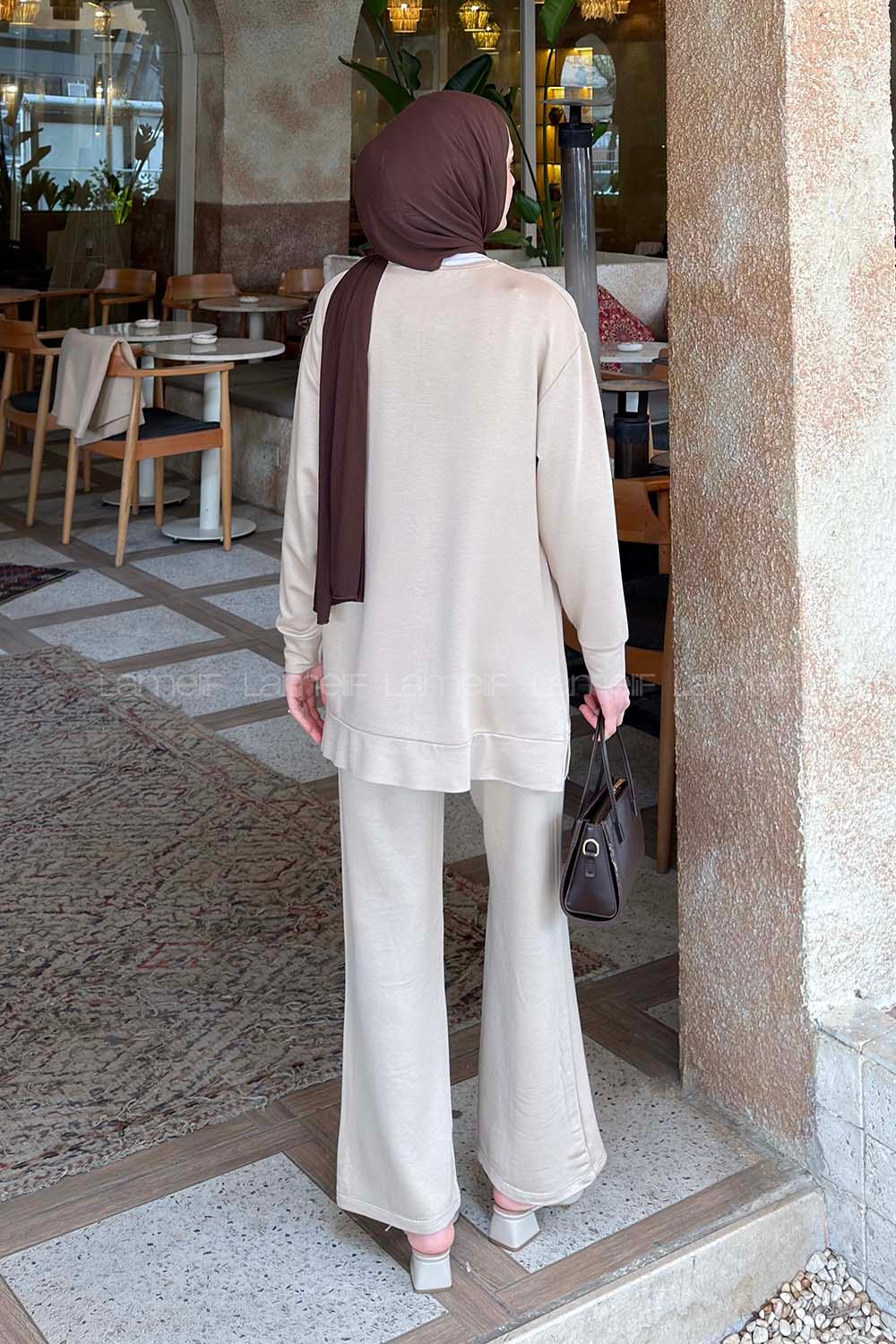 Lamelif Önü Dikişli Takım Bej