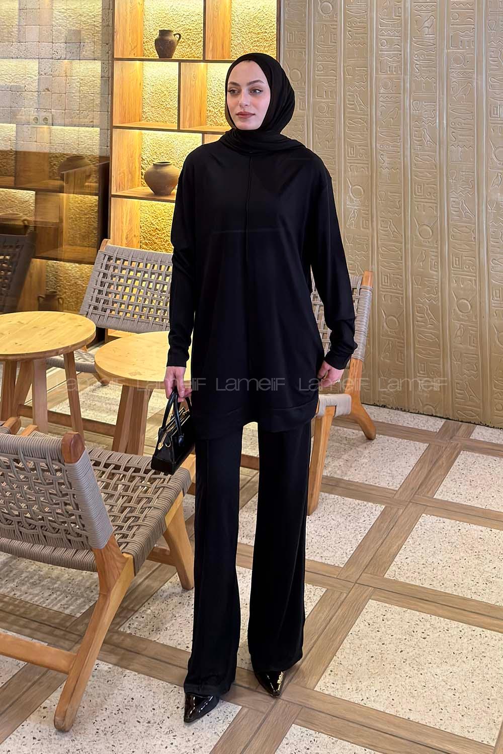 Lamelif Önü Dikişli Takım Siyah