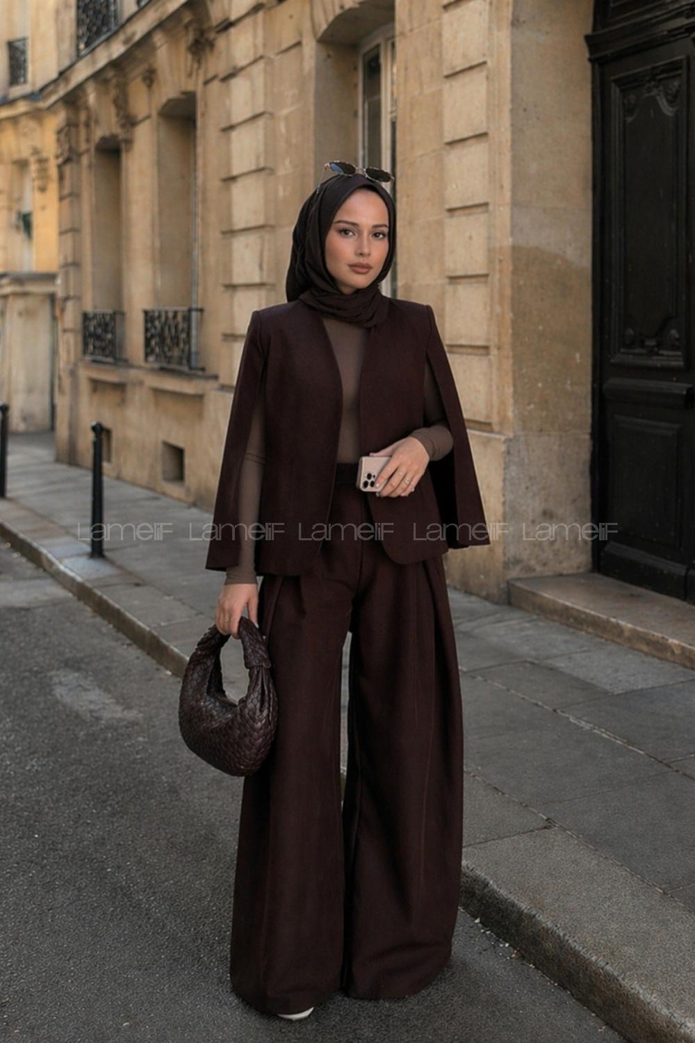 Lamelif Panço Ceketli Etek Pantolon Takım Acı Kahve